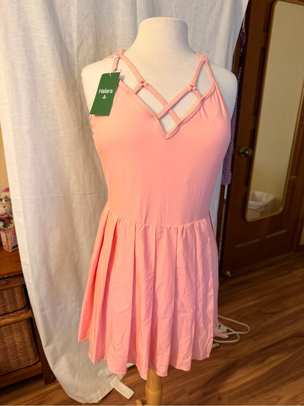 HALARA Pink Strappy Skater Dress with Crisscross Front